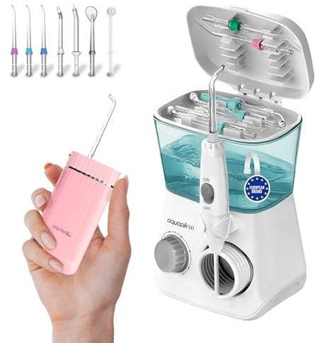Aquapik® 100 idropulsore dentale Professionale | Elimina la Placca + Raccomandato dai dentisti + Cura i tuoi Impianti e Ortodonzia | 8 Ugelli + 10 Livelli di Pressione (Bianco - Biancio)