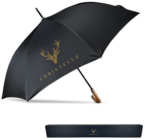 CHRISTELLA Luxurious Windproof Umbrella – Automatic Open, Wooden J Handle, UV & Rain Protection, Compact & Portable, Perfect for Golf, Fishing, Hunting, Unisex, 8 Ribs, Navy Blue