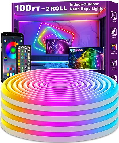 30M Neon Rope Lights,Flexible Rope Lights Control with App/Remote,Multiple Modes Strip Lights,IP65 Outdoor RGB Led Neon Waterproof,Music Sync Gaming Led Neons Light Strip for Bedroom Decor (30M/100FT)