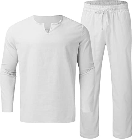 Foweknow Traje de lino de verano de 2 piezas para hombre, camisa y pantalón de dos piezas, traje de ocio, traje deportivo de corte regular, cómodo, informal, chándal de dos piezas, 03 blanco., M