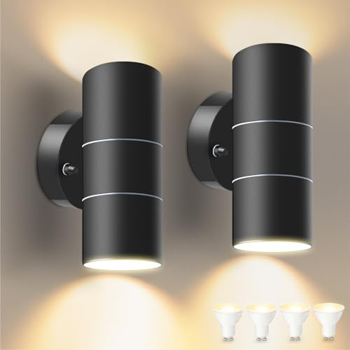 ALUSSO Outdoor Wall Lights Mains Powered Outside Up Down Lights, 5W 400LM Stainless Steel Outside Lighting, 3000K Warm White GU10 Base IP65 Waterproof Porch Front Door Light, 2 Pack (Bulb is Included)