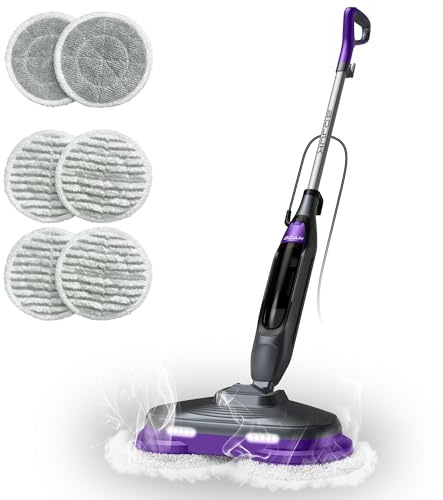 BOJUK Scrub and Steam Mop with LED Headlights, All-in-One Hard Floor Cleaner Rotating Mop, 6 Cleaning Pads, Swivel Steering, Cable Holder & XL Water Tank