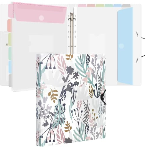 Uquelic A4 Ring Binder Organiser with 12 Pcs Punched Pockets - Upgraded Folders for Paperwork, Popper Wallets Folder Organiser for Home Office (Seaweed Print)