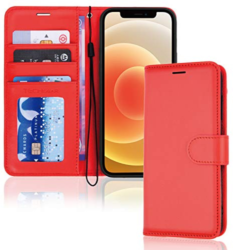 TECHGEAR Étui iPhone 12/12 Pro Portefeuille - Housse en Cuir PU Rouge Avec Rabat de Protection, Fentes pour Cartes, Béquille et Dragonne - Compatible 6.1