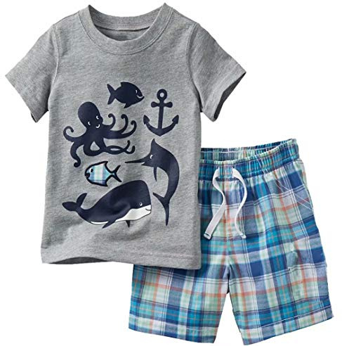 Funnymore Toddler Boy's Kids Summer Clothes,Short Sleeve T-Shirt and Shorts Outfit Set Grey Fish 3t