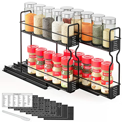 SpaceAid Pull Out Spice Rack Organizer for Cabinet, Heavy Duty Slide Out Seasoning Organizer for Kitchen Cabinets, with 415 Labels and Chalk Marker, 5.2 W x10.5 D x10 H, 2 Drawers 2-Tier, Black