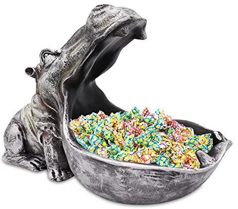 aboxoo Hippo Statue Home Resin Hippopotamus Figurine Fun Candy Dish,Key Bowl,Big Mouth Sculpture Table Art Decoration Sundries Container Storage Boxes (Grey)