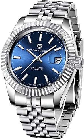 Pagani design Orologio Automatico da Uomo, Movimento Meccanico Automatico Giapponese, Elite Business Watch, Acciaio Inox, Moda Casual, Resistente all'Acqua fino a 100m… (Argento blu-PA-1645- PQ)