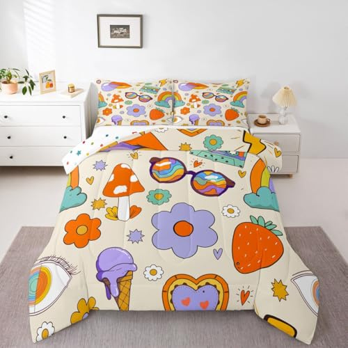 Kids Groovy One Party Decorations Bedding Set Queen for Boys Girls Hippie Mushroom Comforter Set Kawaii Strawberry Bedding Comforters & Sets Retro Tape Cassette Duvet Groovy Flower Room Decor 3pcs