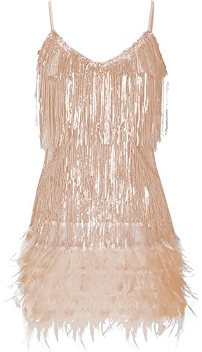 Women's Sequin Cocktail Dresses 1920s Flapper Dress Gatsby Fringe Mini Dresses Feather Prom Party Dress(A-Beige,S)