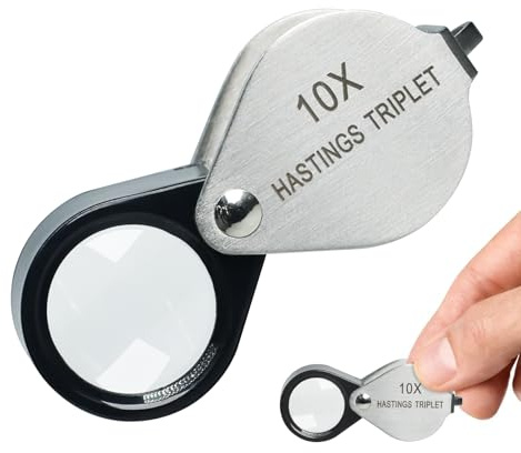 10x Lupa Aumento Joyas Lupa 16mm, Trillizo Óptico Vaso Inoxidable Acero Cuerpo Hasting Plegar Mini Diseño Bolsillo Aumentador Herramienta para Estampilla & Moneda Coleccionistas, Aficionados, Relojes