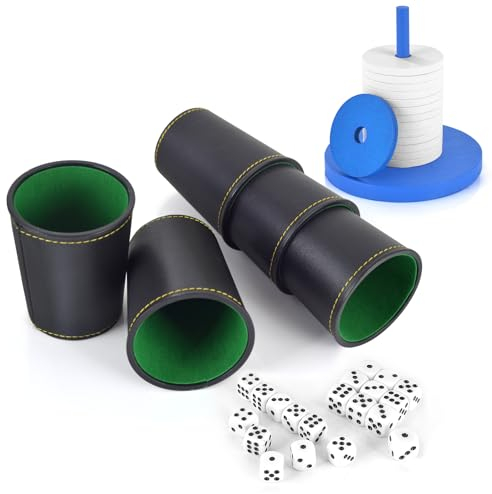 Schocken Set 5 würfelbecher Leder 25 Würfeln Schockbesteck Holz mit 14 Scheiben und Ständer Schockbesteck Set für Jule Meiern Maxen Mörkeln 10X10cm (weiß und blau)