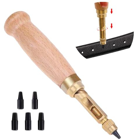KASESSS Sacabocados para Cuero 1,5-4MM, Agujeros Cinturon con 6 Redondo Orificios, Perforadora Cuero Manual con Mango de Madera Hacer Agujeros Cinturon para Correas de Reloj Collares de Mascotas
