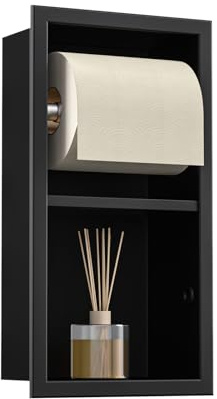 Bernkot Unterputz-Toilettenpapierhalter Edelstahl, WC Badezimmerschrank mit Toilettenpapierhalter Halterung, Klopapierhalter mit aufbewahrung, 34×18×10cm, Schwarz