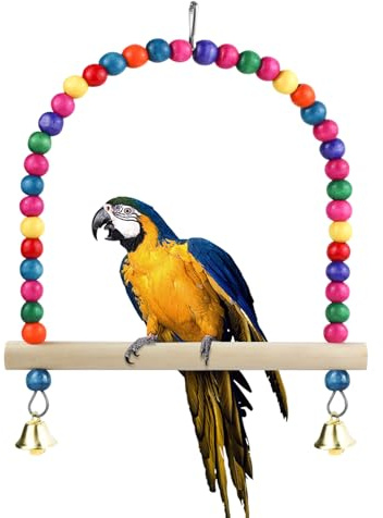 LuckyOpt Wooden Bird Swing, 9 Inches Hanging Birds Cage Perches with Playing Bell, Natural Bird Chew Toys Boredom Breaker Bird Toys for Parakeets, Budgie, Cockatiel (Colorful, L)