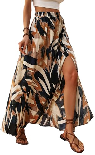 Floerns Women's Summer Tropical Print Slit Long Skirt Elastic High Waist Flowy Maxi Skirt Multicolor Medium