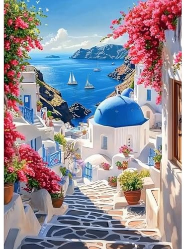 MAXBYE DIY Diamond Painting Kit Completo, Città Greca Diamond Art Gem Punto Croce Set Pittura Diamante fit Adulti Principiante, Parete Casa Decorazione Regalo Di Compleanno 30x40 cm