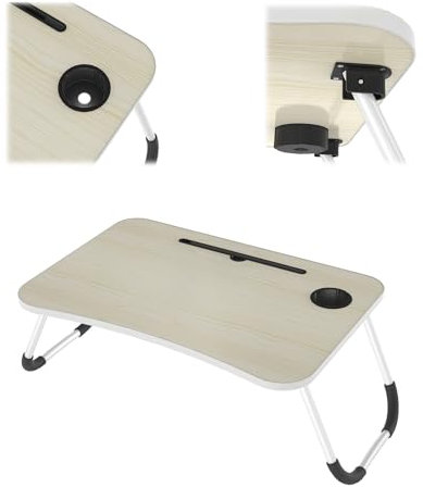 UISEBRT Laptoptisch, Tragbar Betttisch für Bett, Klappbar, Mit Getränkehalter, Ideal für 17 Zoll Laptops, 60x40x26.5 cm, Faltbar für Einfache Aufbewahrung,Weiß-Ahorn