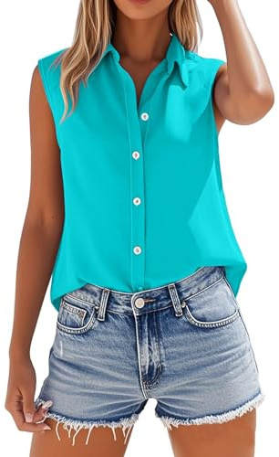 Womens Cotton Linen Vest Tops Sleeveless Button Down V Neck Collar Dressy Casual Loose Shirts Business Work Summer Breathable Ladies Blouses (Aqua, S) oberteile Damen große größen