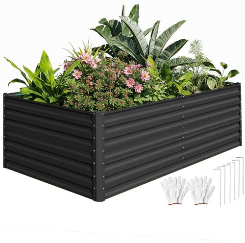 DWVO Bancal de Metal 240 x 120 x 60 cm con Guantes, bancal Alto de Acero Inoxidable y Resistente a la Intemperie, Estable galvanizado con Goma de Seguridad para Verduras, Flores, Frutas, Color Negro