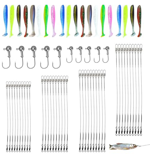 Set di 73 accessori per la pesca, 40 pezzi, in acciaio, luccio, 4 misure, con fibbia e albero girevole, 10 teste da 5 g/3,5 g, 20 pesci in gomma, accessori per la pesca per acqua salata e pesci