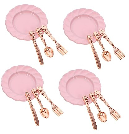 Beaupretty 4 Juegos Menaje Miniatura para Casa de Muñecas Vajilla y Cubiertos de Color Rosa Dorado Incluye Platos Cucharas y Tenedores para Decoración y Juego Educativo
