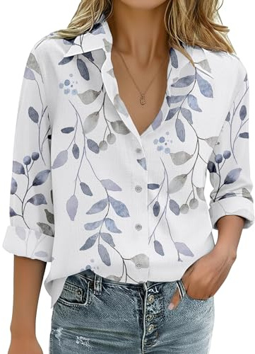 Zeagoo Cotton Linen Dressy Tops for Women Fashion Outfit Long Sleeve Button Down Shirts White Floral Work Business Blouses