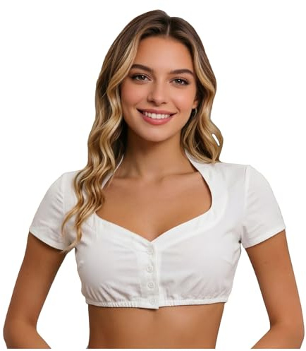 Generisk Dirndl-blus damer, vit Dirndl-blus, traditionell blus, dirndlblusar, elegant, kortärmad, enkel blus för Dirndl-kostym, oktoberfest, Vit, S