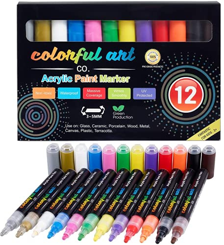 Colorful Art Co. Acrylic Paint Pens – 12 Pack of Permanent, Waterproof Paint Markers w/Reversible Brush Tips for Kids and Adults - Acrylic Pens for Rocks, Wood, Glass, Fabric & Stone – Art Supplies