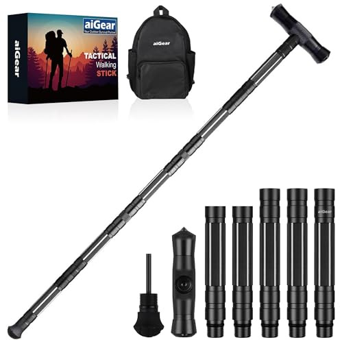 aiGear Tactical Stick 5 Tubes Black Aluminum with 3 Hiking Equipment Tools