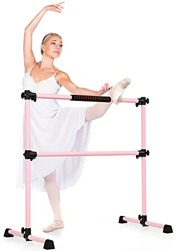 COSTWAY Sbarra Danza Classica per Casa Portatile, Sbarra da Balletto Doppia Regolabile in Altezza con Cuscinetti Antiscivolo e Base Girevole, Ideale per Allenamento Stretch, Portata 50 kg (Rosa)