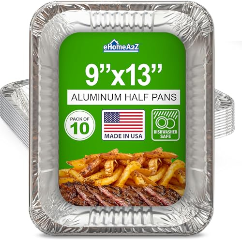 EHOMEA2Z Aluminum Pans Disposable Half Size (10 Pack) – MADE IN USA – 9x13 Heavy Duty Foil Pans, Durable & Recyclable Baking Pans, Eco-Friendly, Lightweight, Great for BBQ, Parties & Catering