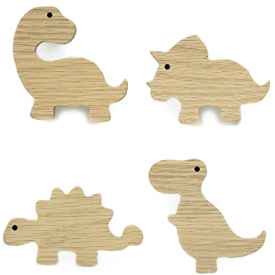 PLT Dinosaurier Griffe für Kindermöbel aus unbehandeltem Eichenholz, Knauf, Kommode, Schrank, Schublade, Tür, Kinderzimmer, Geschenk (4, Brachiosaurus, Triceratops, Tyrannosaurus, Stegosaurus)