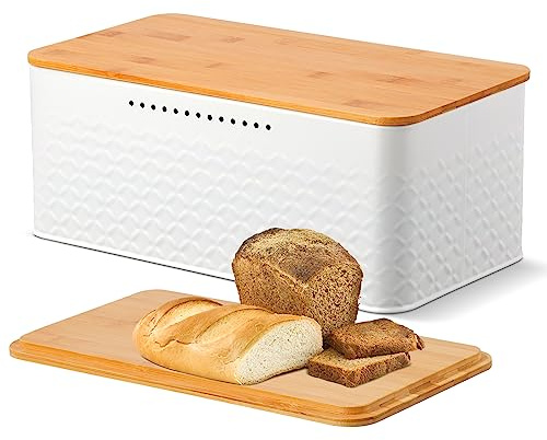 Phyllia Bread Box, Metal Bread Storage Container with Bamboo Lid Usable as Cutting Board, Breadbox Holder for Kitchen Countertop, 13 x 7 x 5.3 inch (White)