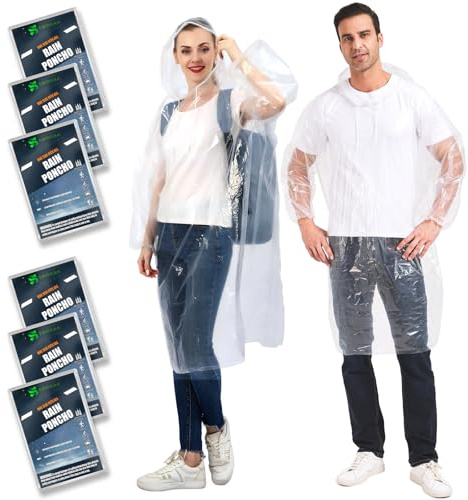 SWOGAA Disposable Rain Ponchos for Adults 6 Pack - 50% Extra Thicker Men or Women Waterproof Emergency Rain Ponchos with Hood - Lightweight Universal Design - Clear