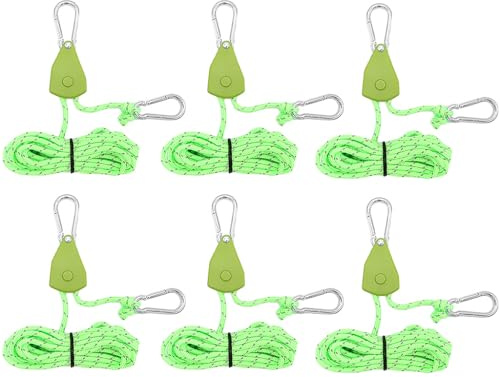 Kellegour 6 Pack Tent Guy Ropes with Pulley,4mm Reflective Cord Tent Guide Rope,Reflective Tent Guy Ropes,Tent Camping Cord with Pulley for Camping,Hiking,Tent,Tarpaulin,Awning (4m,Green)