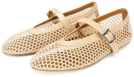 DOEYG Nude Mesh Ballet Flats for Women Round Toe Mesh Flats Ballet Shoes Buckle Strap Mesh Mary Jane Flats Comfy Casual Office Summer Fishnet Ballerina Flats Shoes Size 6.5