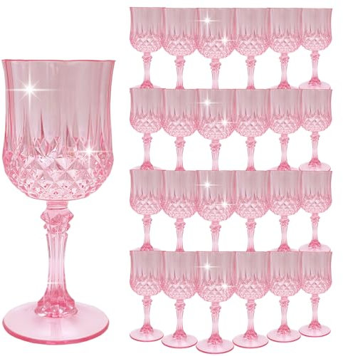 LEYIQU Plastic Wine Glasses, Plastic Goblets Vintage Style Cordial Unbreakable Drinking Glasses,Reusable Drinkware for Wedding Reception, Grand Event Party Supplies, Mother's Day(24, Pink)