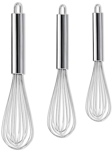 Stainless Steel Egg Whisk Set of 3 Pcs, Durable Wire Whisk for Cooking and Baking, Balloon Whisk for Stirring, Blending, and Beating, Ergonomic Handle, Dishwasher Safe