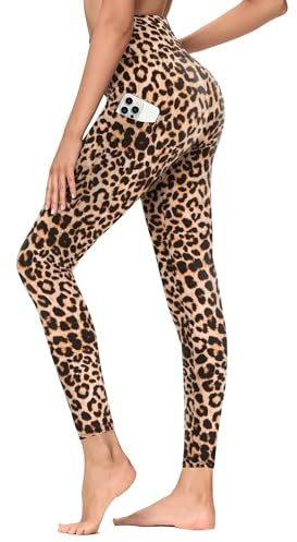 TNNZEET Damleggings, hög midja med fickor, ogenomskinliga, magkontroll, byxor, mjuka, elastiska yogabyxor, fitness, gym, löparbyxor,, leopard, S/M