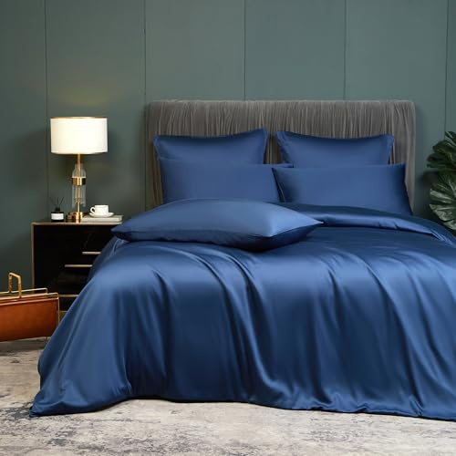 Luowei Kühlender Bettwäsche 135 x 200 cm Dunkelblau Sommer Bettwäsche Set aus Bambus Polyester,Atmungsaktiv Weich Oeko-TEX Bettbezug mit Reißverschluss und 1 Kissenbezug 80x80cm