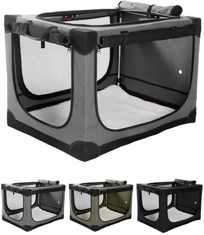 derimkcoa 76 * 54 * 54CM Collapsible Travel Dog Crate, Portable Soft Dog Kennel for Medium Dogs up to 20.5kg, 4-Door Foldable Travel Crate with Durable Mesh & Storage Bag,Grey