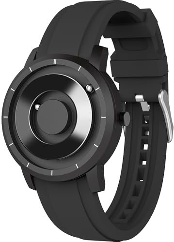 EUTOUR Relojes para Hombre de Bolas Magnéticas, Espejo Esfera de 40mm, 5ATM Impermeable, Reloj Analógico de Cuarzo con Correa de Silicona, Negro