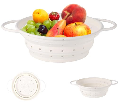 Colador Plegable, 25 cm Escurridor Plegable para Pasta, Escurridor de Cocina Plegable con Asa, para Camping, Comedor, Blanco