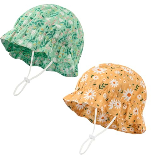 LACOFIA 2 Pack Newborn Sun Hat Cotton Baby Girls Summer Hat Infant Visor Cap with Adjustable Chin Strap Green+Yellow 0-12 Months