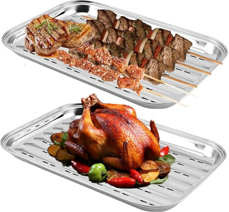 BBQ Grillschalen, 2er Set 35x24.5cm Edelstahl Grillkorb mit Löchern Grill Gemüsekorb Grillschale Grillzubehör für Gemüse Fisch oder Fleisch Grillpfanne Gasgrill