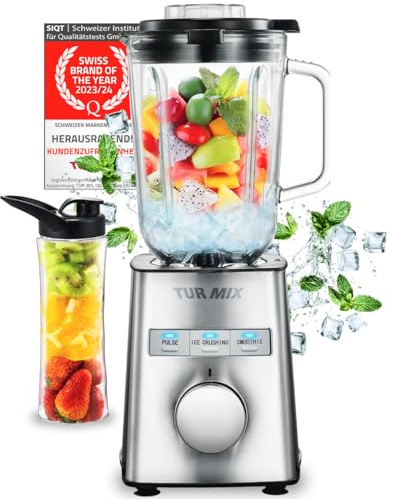 Turmix Mixeur sur socle haute performance CX 750 – 1000 W, couteau en acier inoxydable à 6 lames, smoothie maker & mixeur verre 1,5 L, gobelet à emporter, fonction continue & pulse