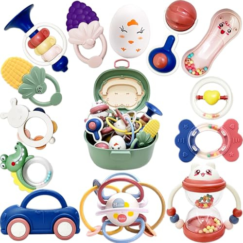 Gdbykds 13 PCS Hochet Bebe 0 3 6 9 12 Mois, Cadeau Montessori pour Nouveau - né - Avec Baby Ball Actif/Anneau de Dentition/Saisir et Tourner Bébé Hochet Cadeau Nouveau né Garçon Bébé Fille