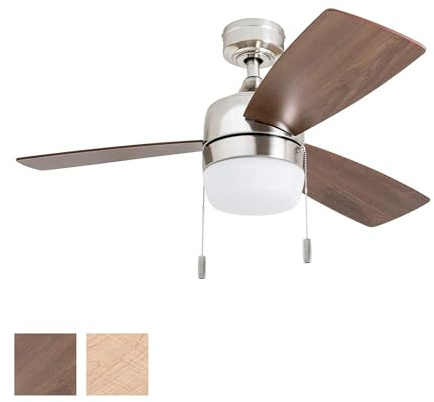 Honeywell Ceiling Fans Barcadero Modern 44 Inch Ceiling Fan with Light, Pull Chain LED Indoor Fan with 3 Blades, Maple and Brown Maple Blade Finish Options, Brushed Nickel (50616-01)