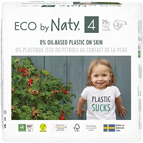 Eco by Naty, Größe 4, 26 Windeln, 7–18 kg, pflanzliche Premium-Bio‑Windeln mit 0% Plastik auf der Haut.
